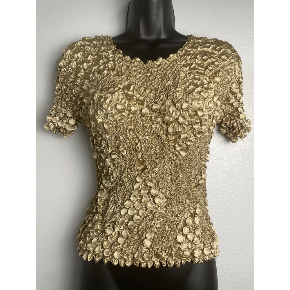Womens Gold Textured Popcorn Bubble Shirt‎ Short Sleeve One Size Y2K